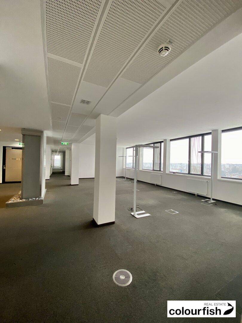 Offener Bürobereich mit Säulen, Teppichboden und großen Fenstern, die eine weite Aussicht auf die Stadt bieten.