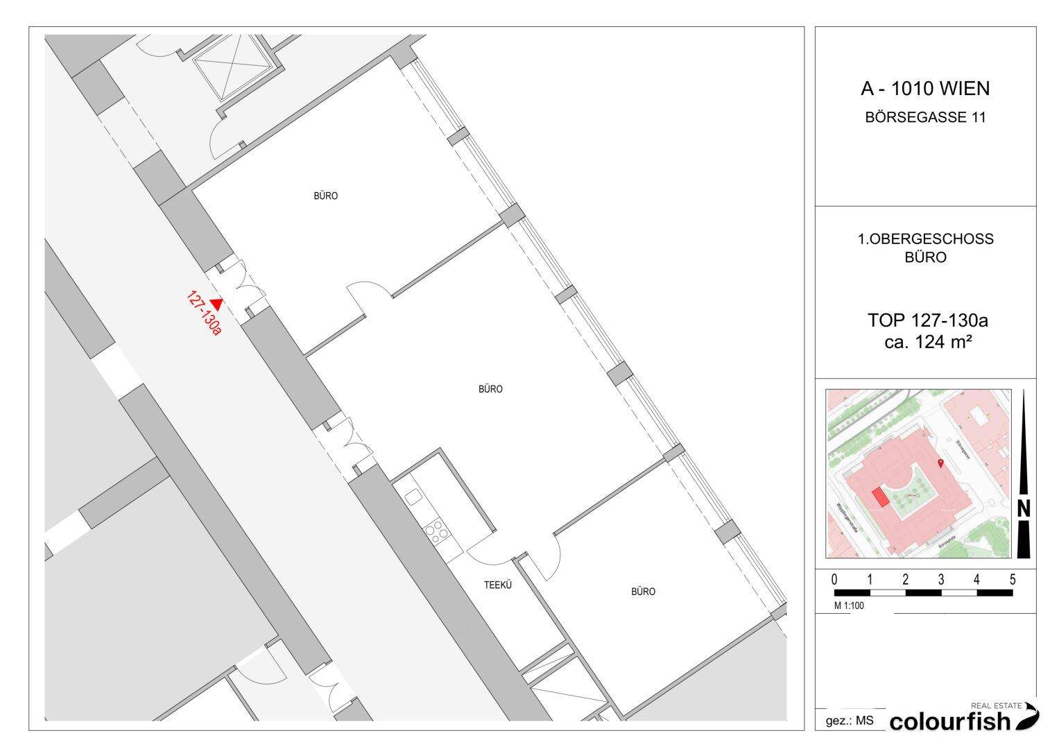 Grundrissplan eines Obergeschosses mit mehreren Büroräumen und einer Teeküche auf 124 m².