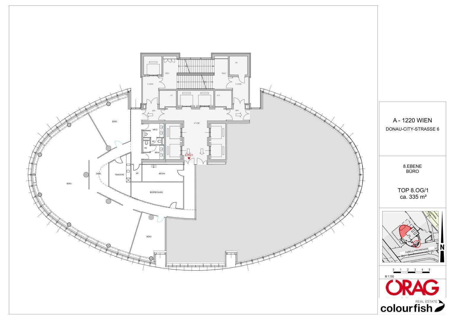 Grundriss der 8. Etage eines Bürogebäudes mit einer Fläche von ca. 335 m² und ovaler Form.