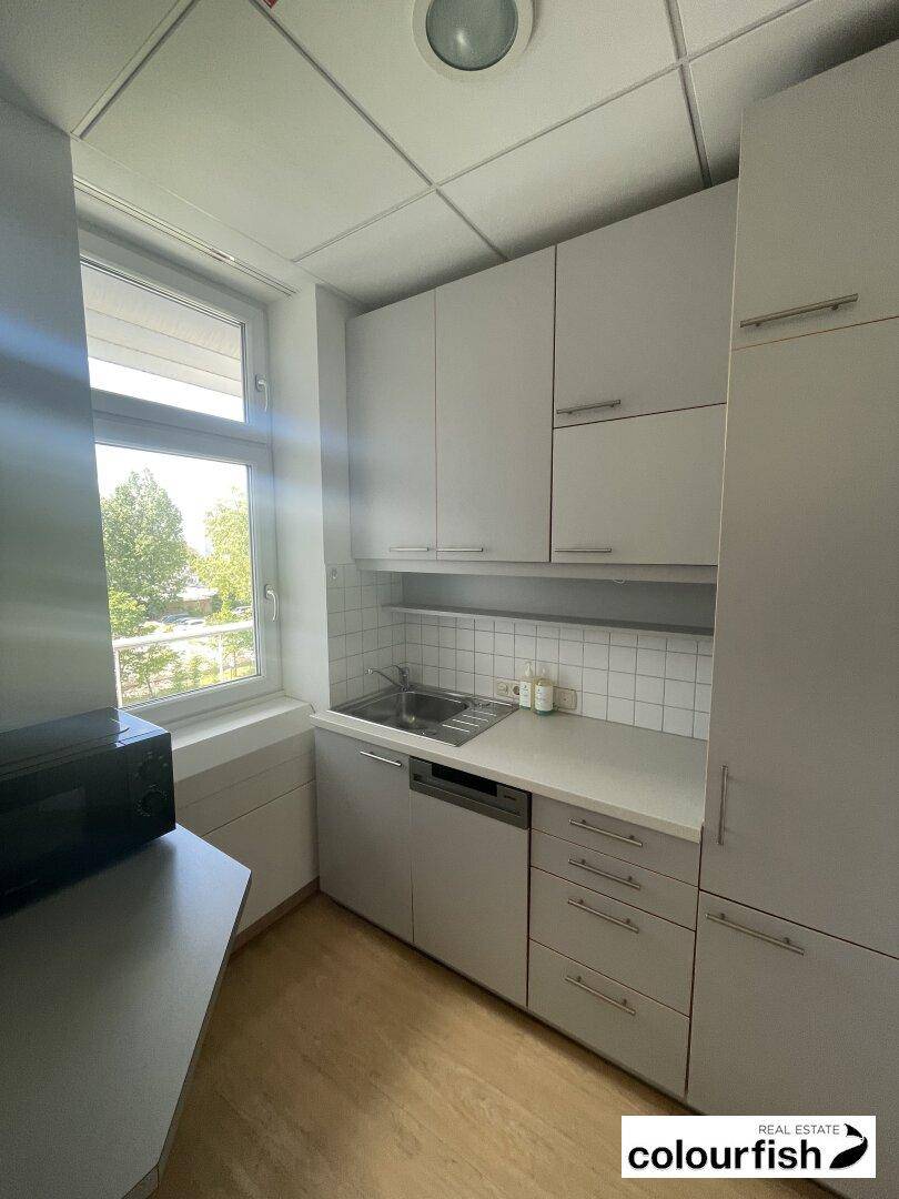 Kleine Küchenzeile mit hellgrauen Schränken, Spüle, Geschirrspüler und einem Fenster für Tageslicht.