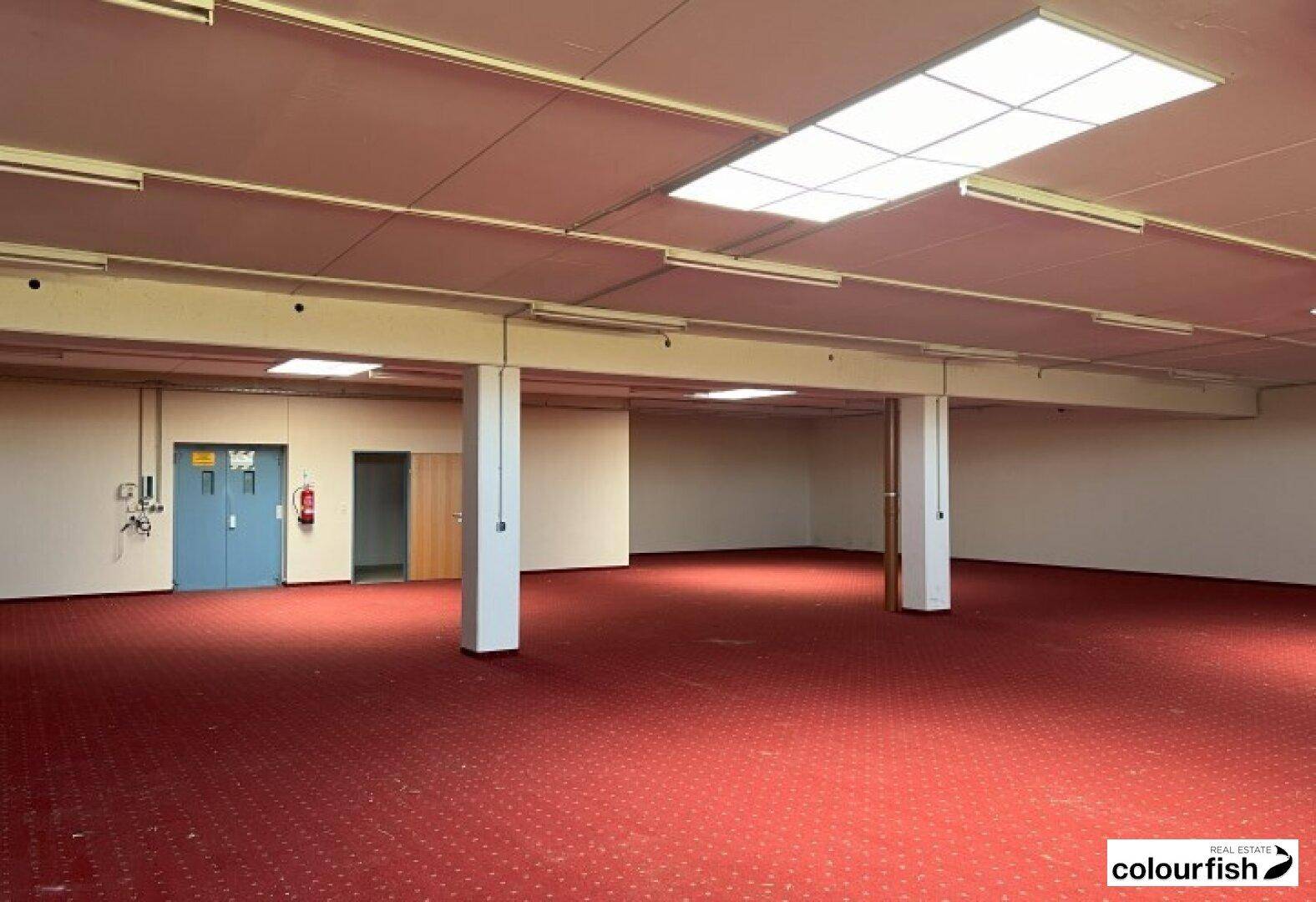 Großer, offener Büroraum mit rotem Teppichboden, Stützpfeilern und Deckenbeleuchtung.