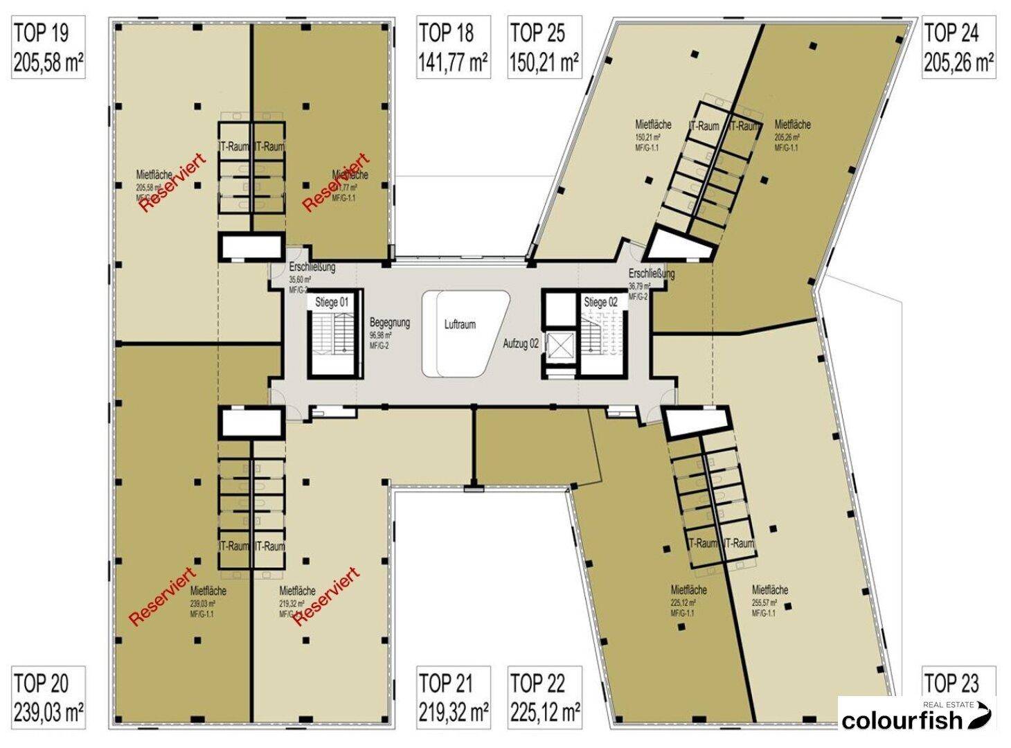 Übersichtlicher Grundrissplan einer Büroetage mit vielen Mietflächen und zentralen Zugängen, einige sind reserviert.