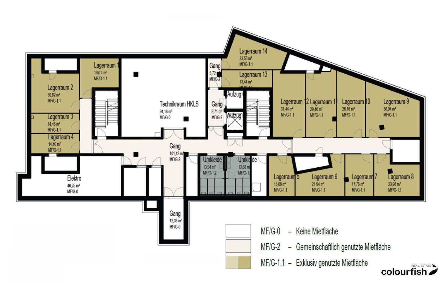 Grundrissplan einer Etage mit Lager-, Technik- und Umkleideräumen sowie einem zentralen Gangbereich.