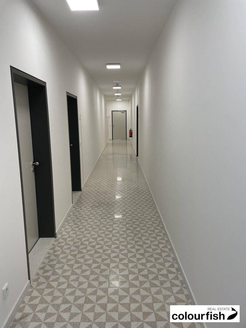 Langer, heller Flur mit geometrischem Fliesenboden und weißen Wänden, der zu mehreren Türen führt.