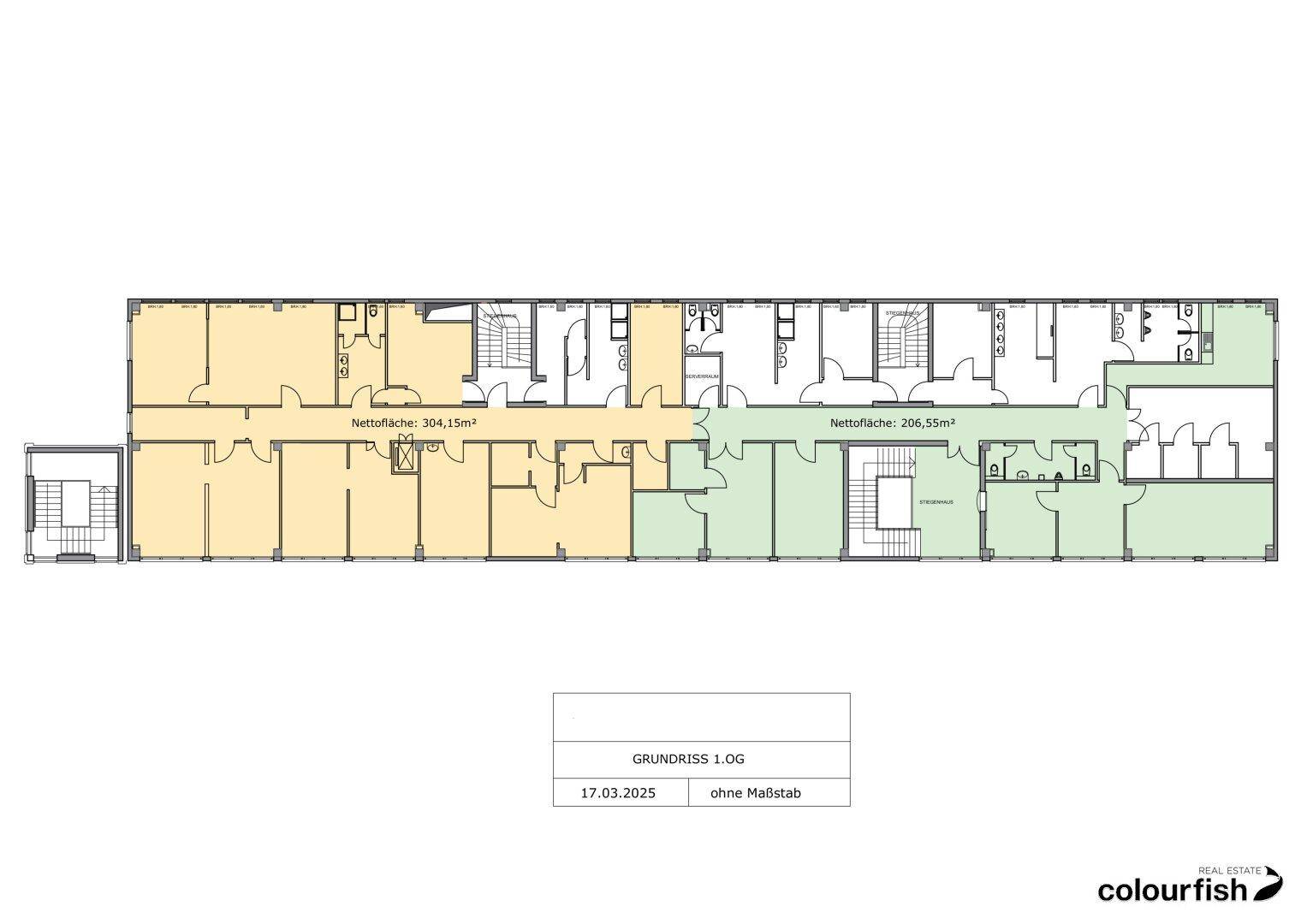Detaillierter Grundriss des ersten Obergeschosses mit verschiedenen Büroeinheiten und Sanitärbereichen für flexible Nutzung.