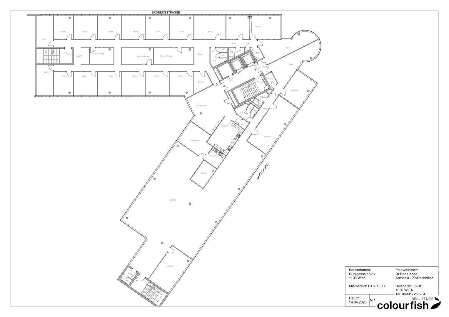 Detaillierter Grundriss eines Gebäudes mit verschiedenen Büroräumen und der Straßenbezeichnung.
