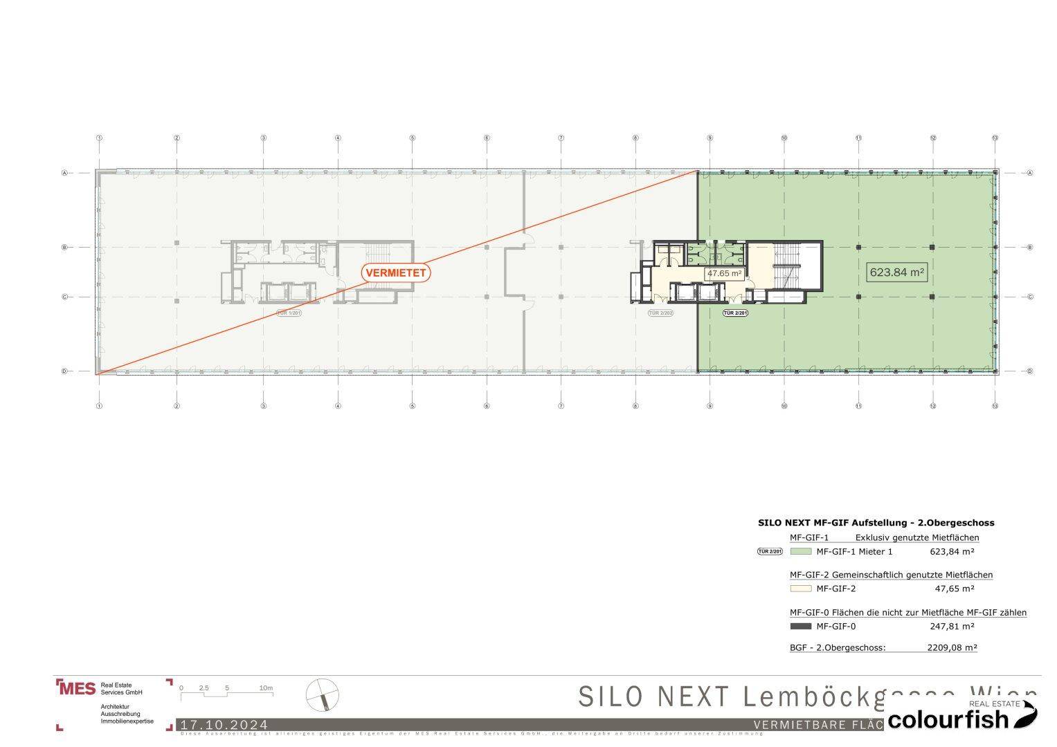 Grundriss eines Bürogeschosses mit vermieteten und verfügbaren Flächen, inklusive Gesamtfläche von 623,84 m².