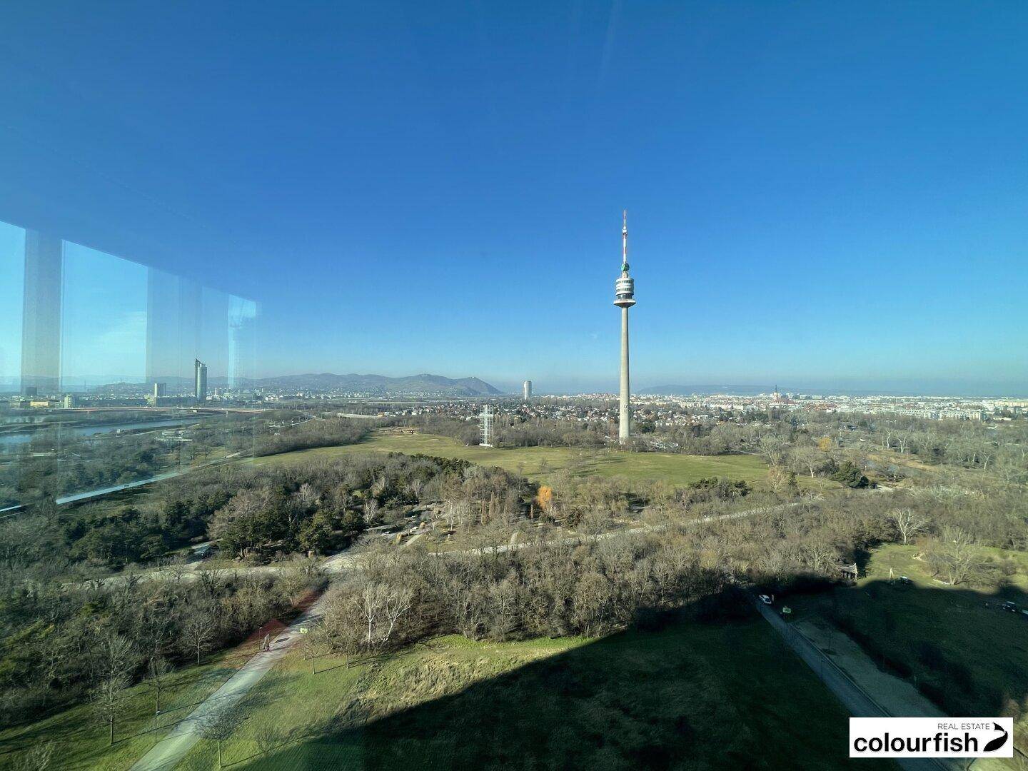 Panoramablick aus einem Fenster auf eine weite Grünfläche mit einem Fernsehturm und der Stadt im Hintergrund.