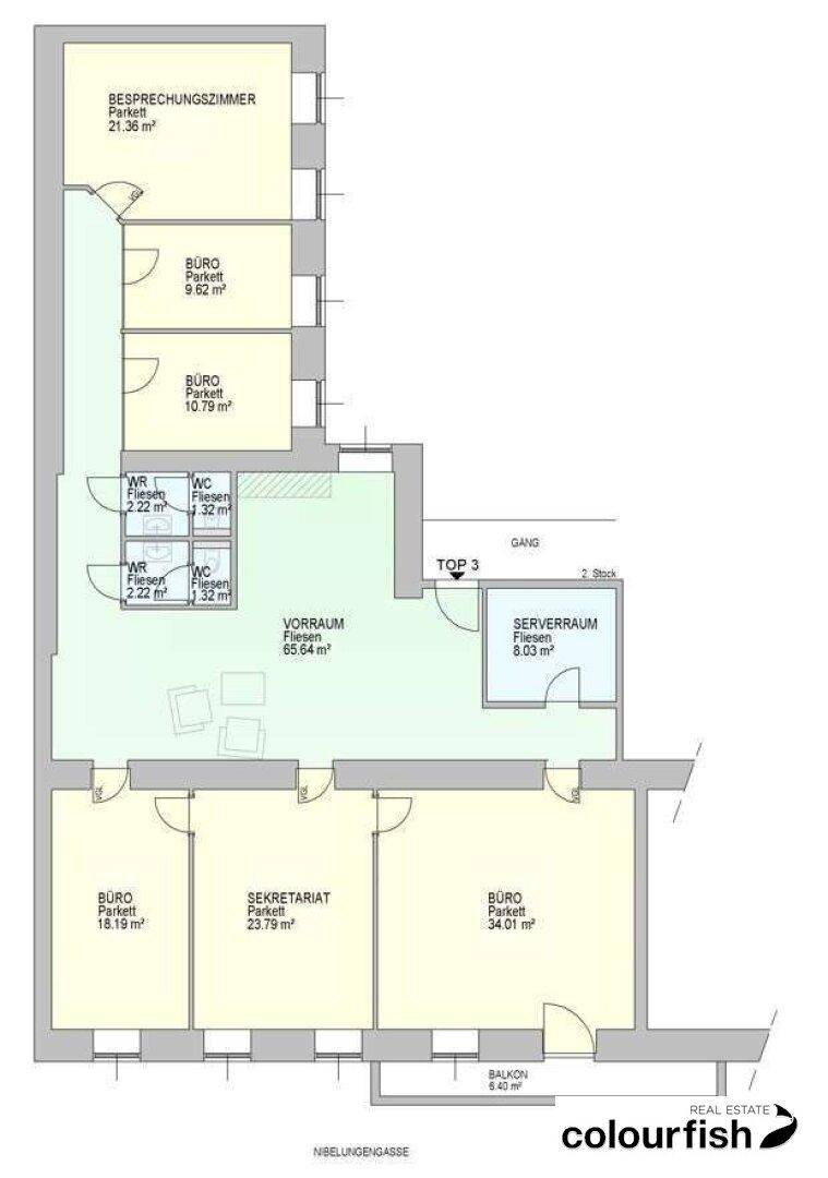 Detaillierter Grundriss mit mehreren Büroräumen, Besprechungszimmer, Sekretariat und einem Balkon.