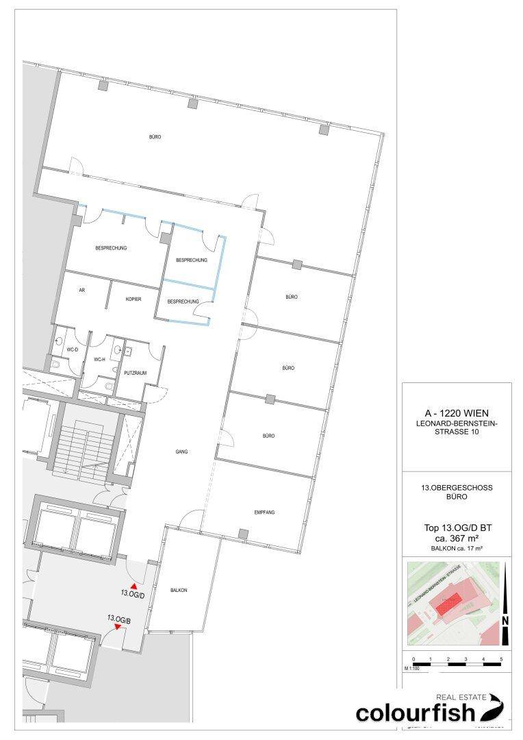 Grundriss des 13. Obergeschosses mit Büros, Besprechungsräumen und einem Balkon.