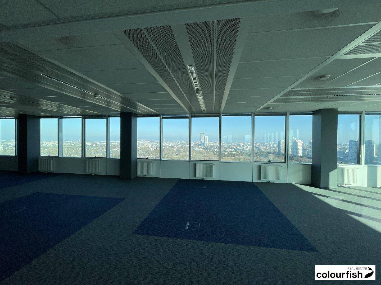 Weitläufiges Büro mit Teppichboden und einer Reihe von Fenstern, die einen Panoramablick auf die Umgebung ermöglichen.
