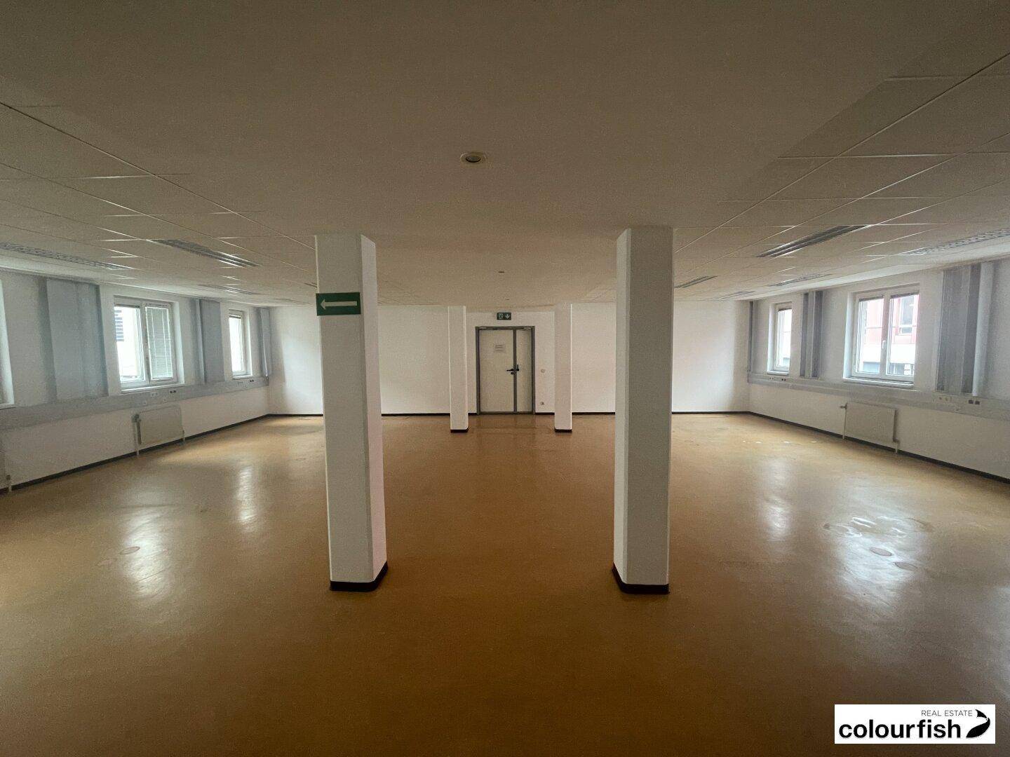 Großer, offener Bürobereich mit tragenden Säulen, vielen Fenstern und abgehängter Decke, ideal für Großraumbüros.