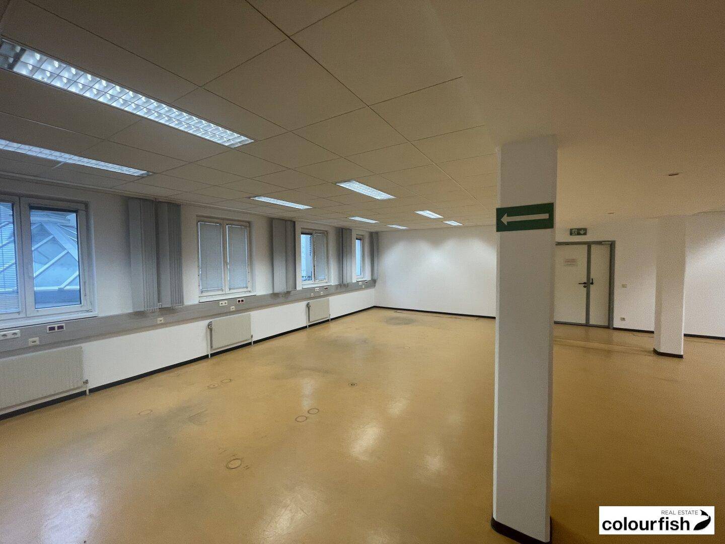 Heller, offener Büroraum mit Säulen, vielen Fenstern und Heizkörpern, ideal für eine flexible Arbeitsumgebung.