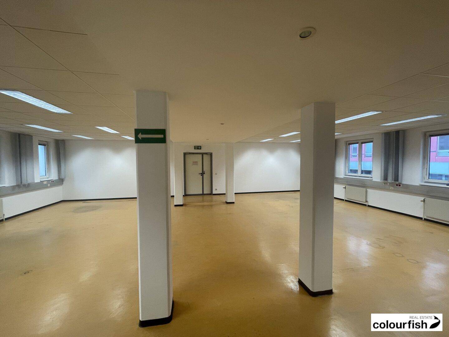 Geräumiger, offener Bürobereich mit tragenden Säulen, vielen Fenstern und abgehängter Decke, bereit zur Nutzung.