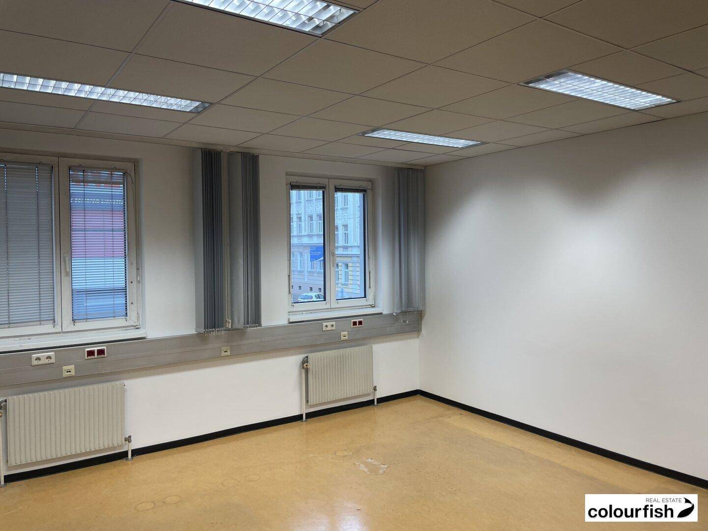 Leeres Bürozimmer mit zwei Fenstern, Heizkörpern und abgehängter Decke, bietet ausreichend Tageslicht.