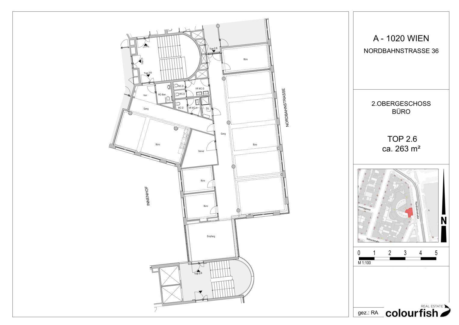 Grundriss des 2. Obergeschosses mit Büroräumen und einer Gesamtfläche von ca. 263 m², inklusive Innenhofzugang.