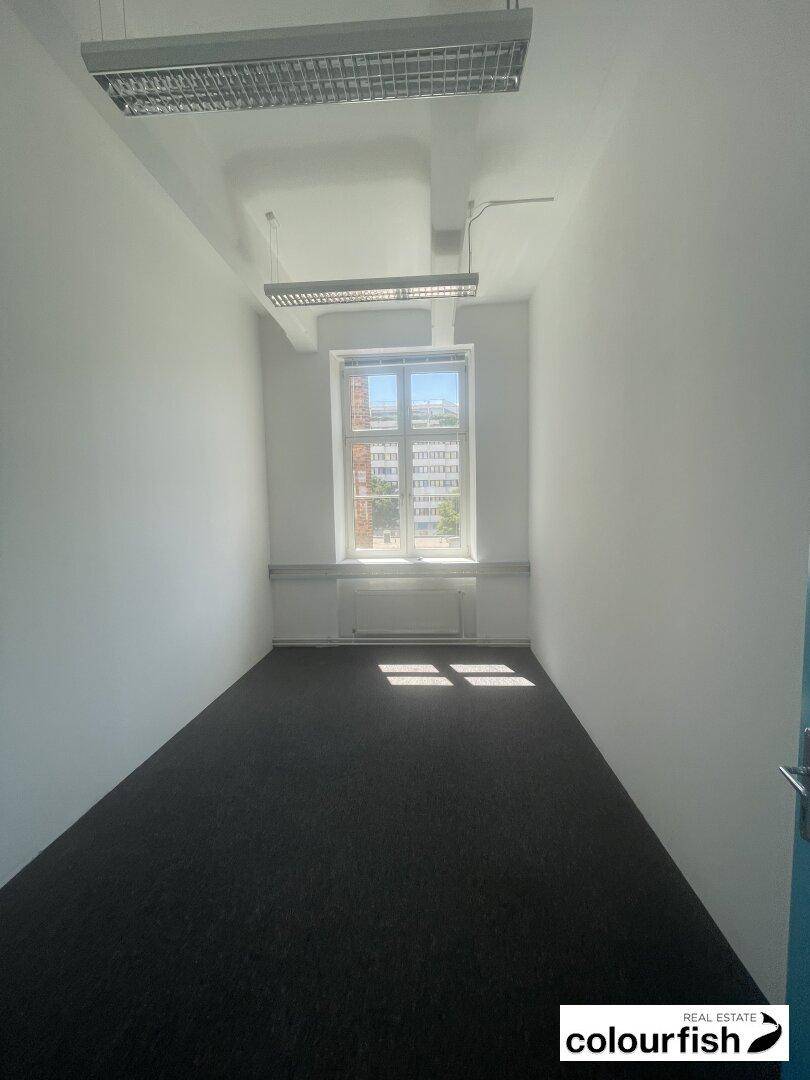 Kleiner, heller Büroraum mit dunklem Teppichboden, einem Fenster und modernen Deckenleuchten.