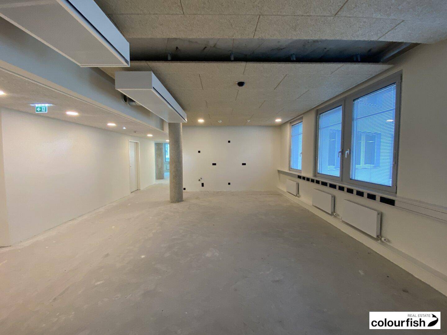Leerer Büroraum mit großen Fenstern, Betonboden und moderner Deckenkonstruktion, bietet eine flexible Arbeitsumgebung.