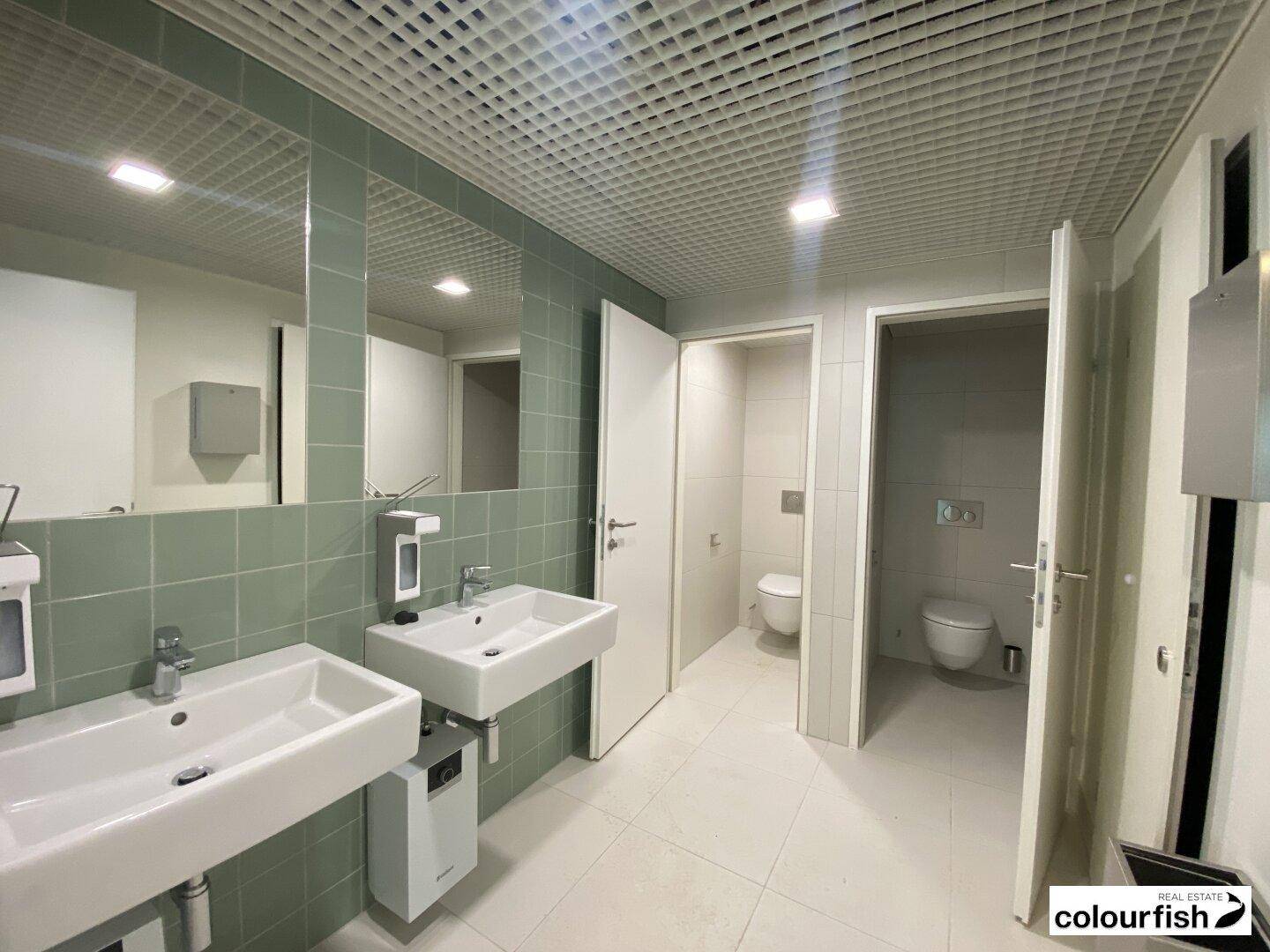 Moderner Sanitärbereich mit mehreren Waschbecken, großen Spiegeln und hellgrün gefliesten Wänden, sehr gepflegt.