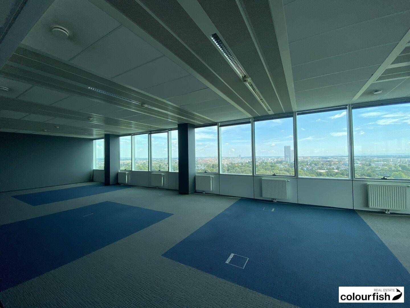 Geräumiges Büro mit gemustertem Teppichboden und großen Fenstern, die eine helle Arbeitsumgebung schaffen.