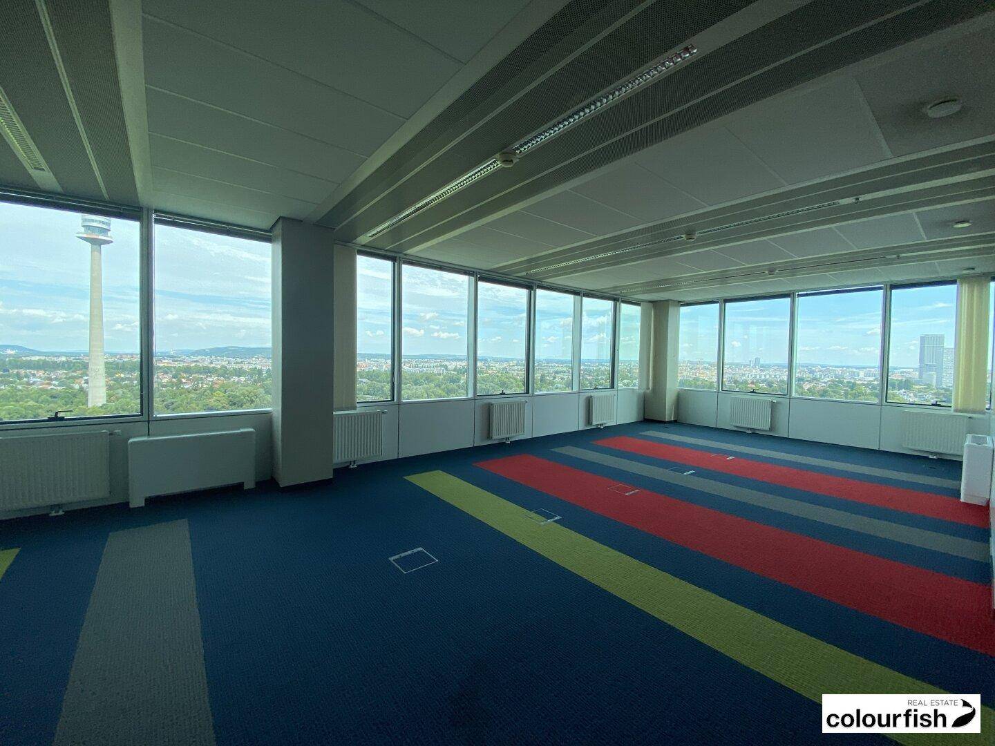 Großes Büro mit farbenfrohem Teppichboden und weitem Ausblick durch die zahlreichen Fenster.