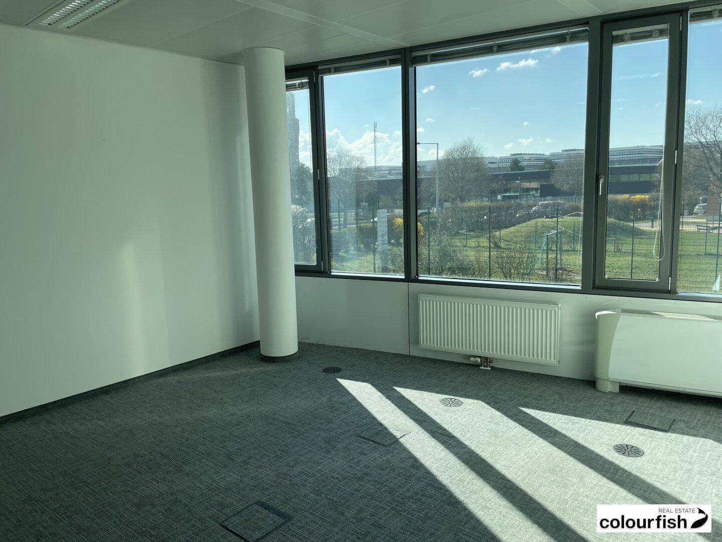 Heller Büroraum mit großen Fenstern, Teppichboden und viel natürlichem Tageslicht.