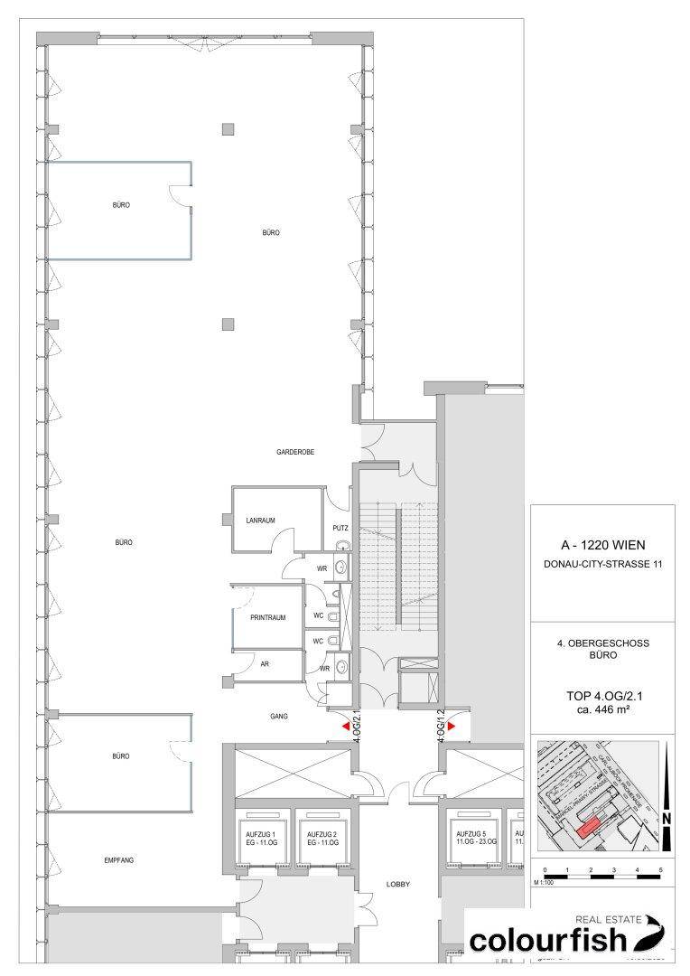Grundriss des 4. Obergeschosses für ein Büro mit mehreren Räumen und Empfangsbereich.