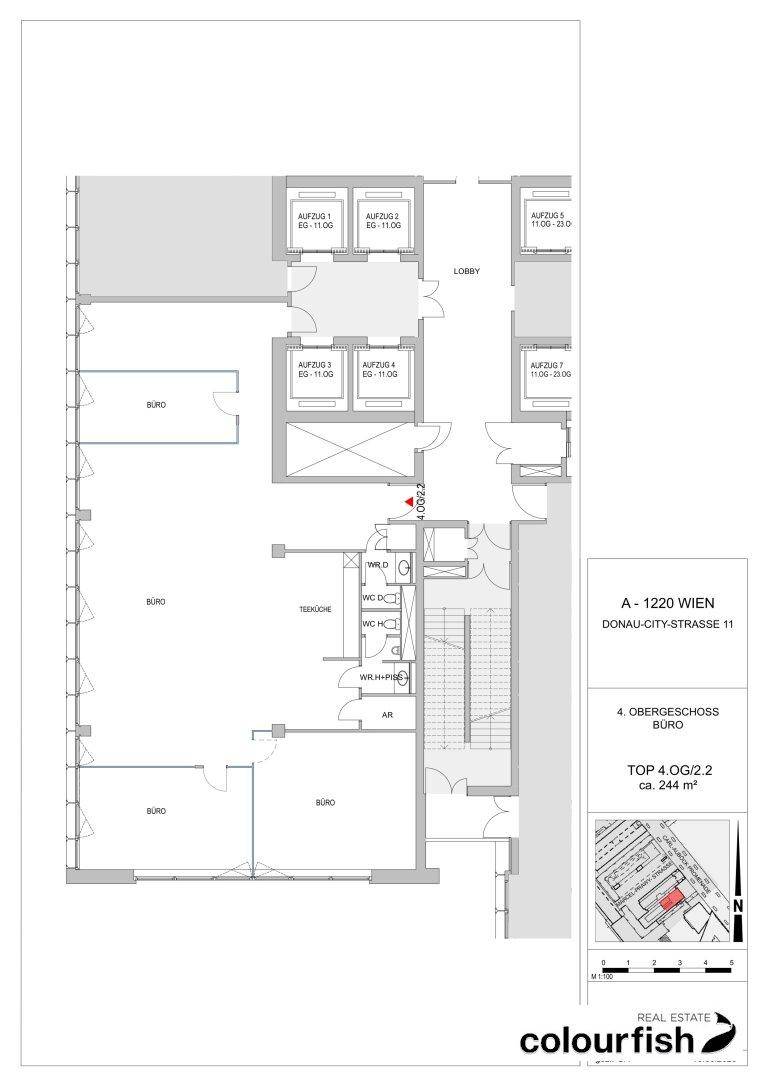 Grundriss des 4. Obergeschosses für ein Büro mit Teeküche und mehreren Büroräumen.