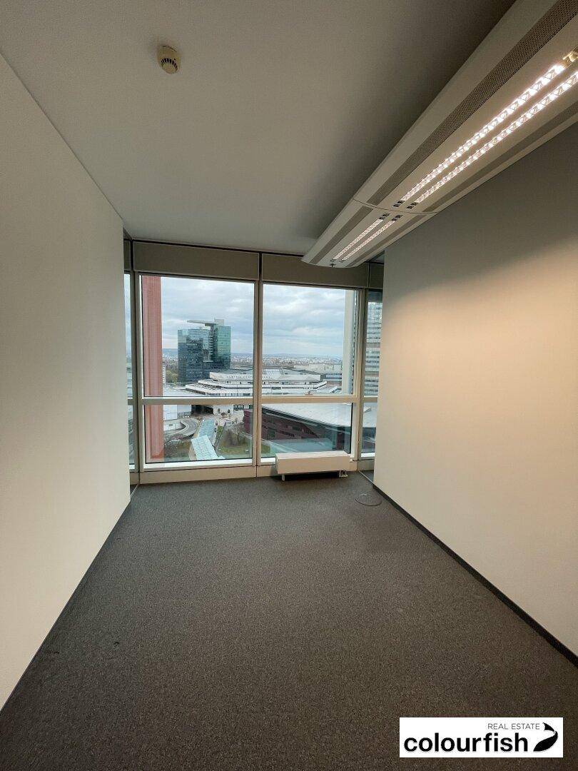 Schmaler Büroraum mit Teppichboden und großen Fenstern, die einen Blick auf die städtische Umgebung freigeben.