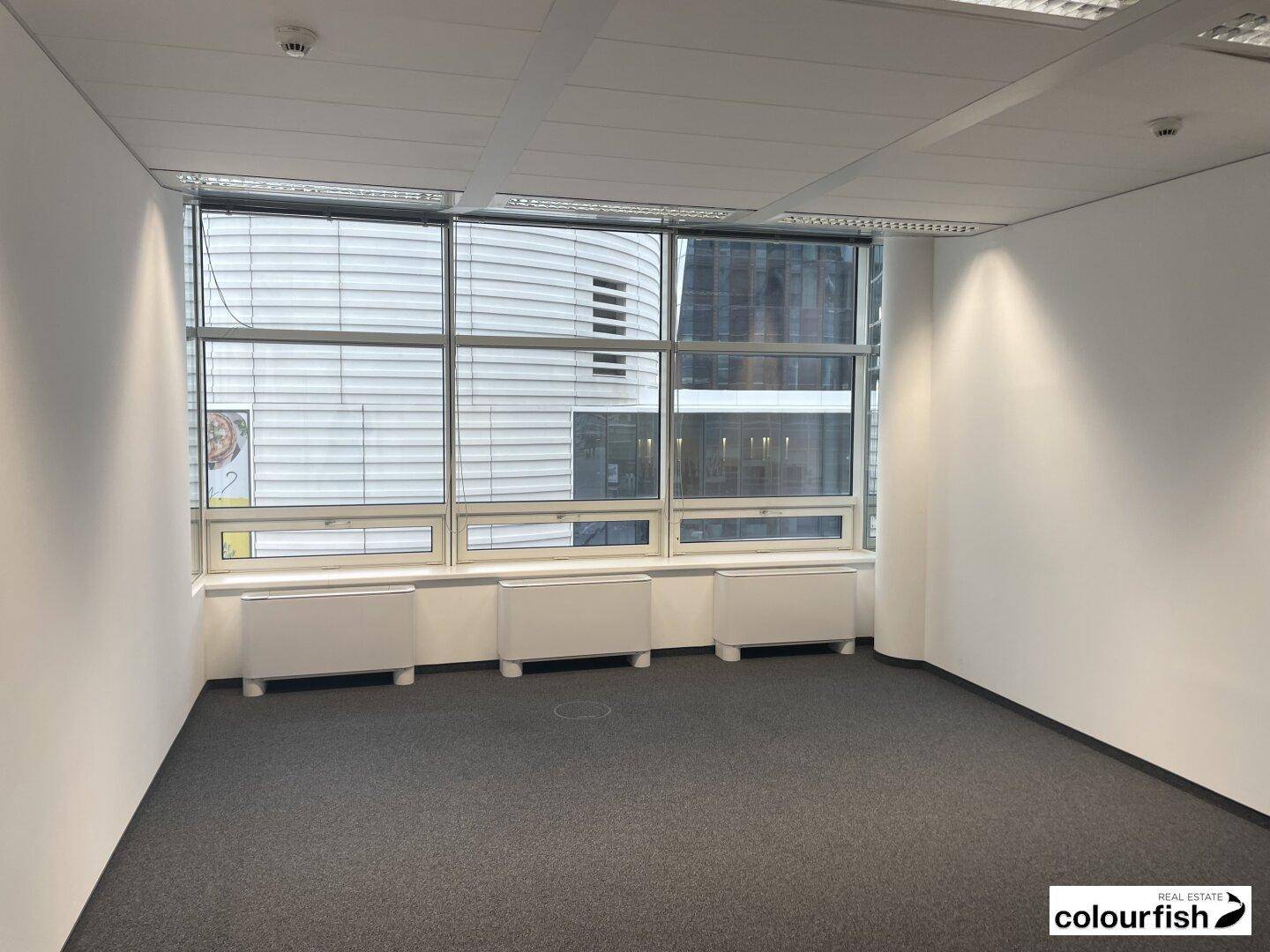 Kompakter Bürobereich mit Teppichboden und Fenstern, die einen Blick auf die umliegenden Gebäude ermöglichen.