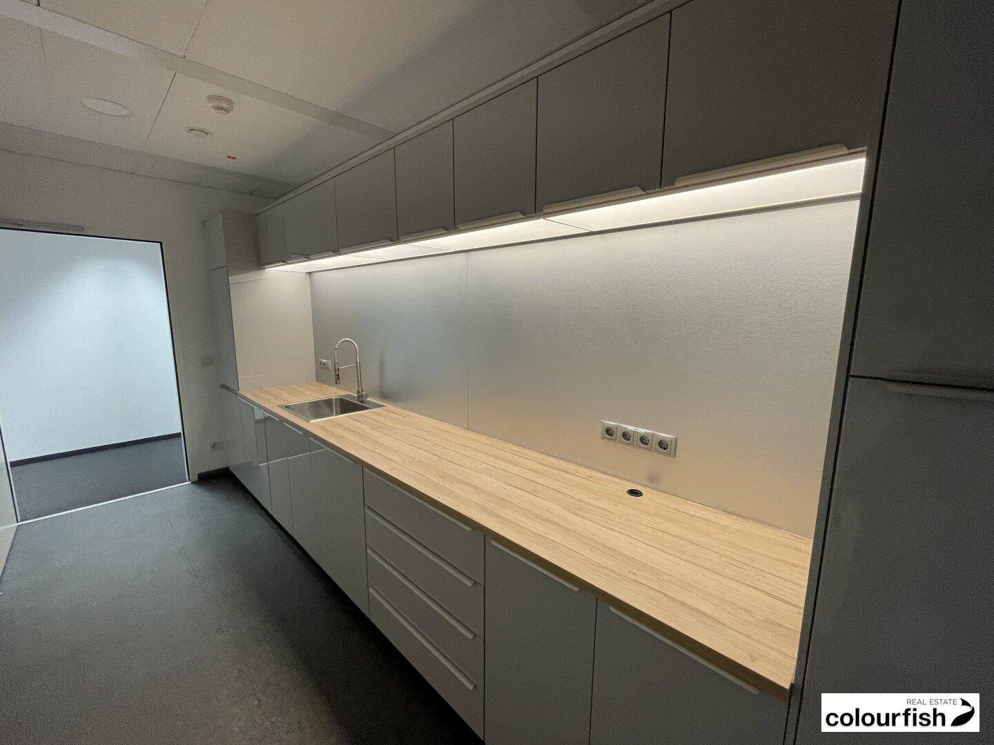 Moderne Teeküche mit grauen Schränken, Holz-Arbeitsplatte und integriertem Spülbecken.