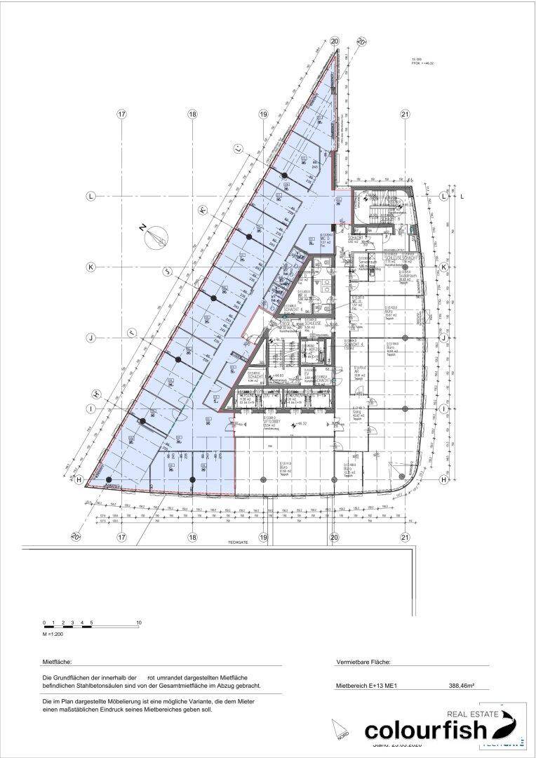 Detaillierter Grundriss einer Büroetage mit verschiedenen Räumen und einer Gesamtfläche von 388,45 m².