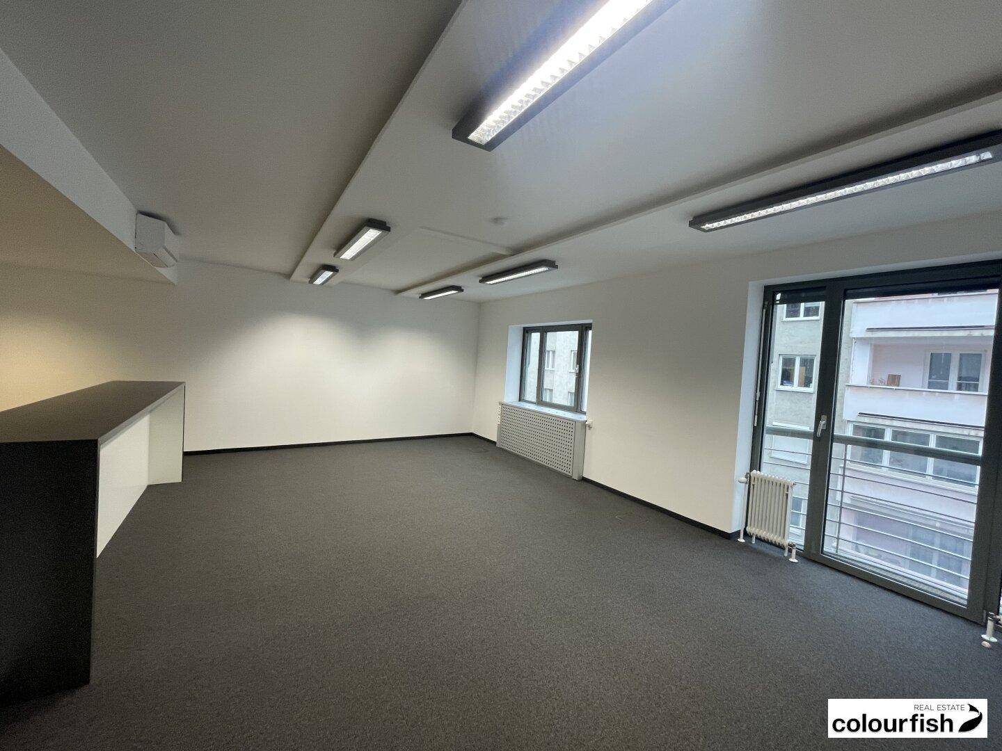 Geräumiger, leerer Büroraum mit Teppichboden, großen Fenstern und moderner Deckenbeleuchtung.