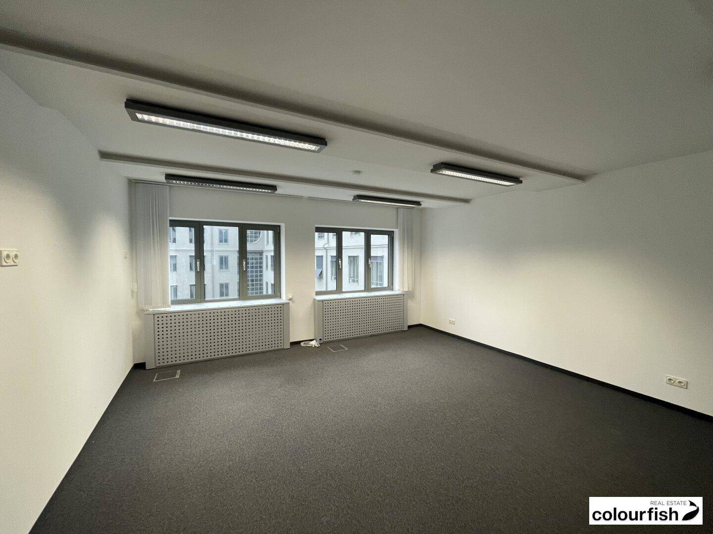 Leerer Büroraum mit Teppichboden, mehreren Fenstern und Deckenbeleuchtung, bereit zur Einrichtung.