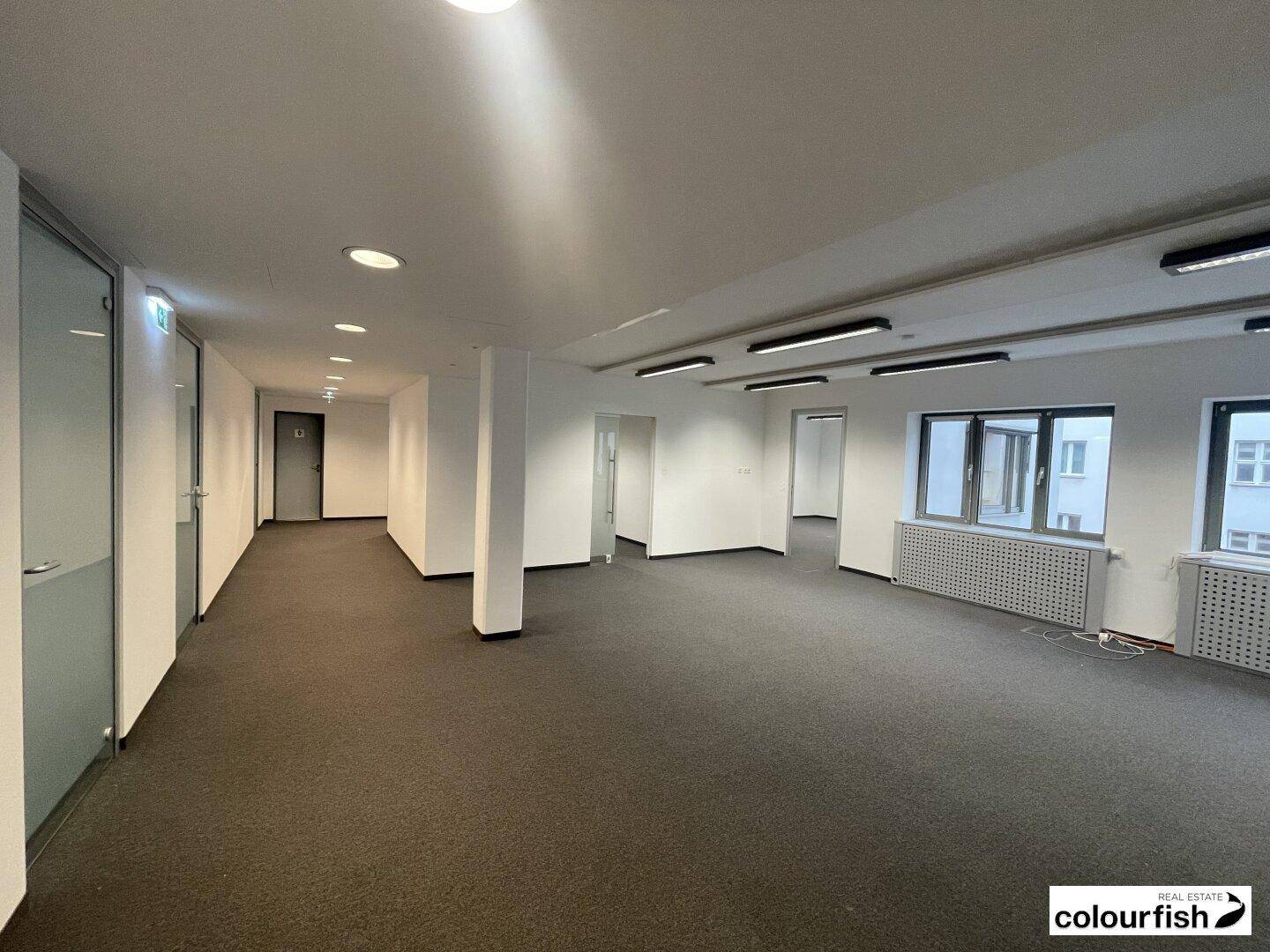 Langer Flur und offener Bürobereich mit Teppichboden, Glastüren und moderner Beleuchtung.