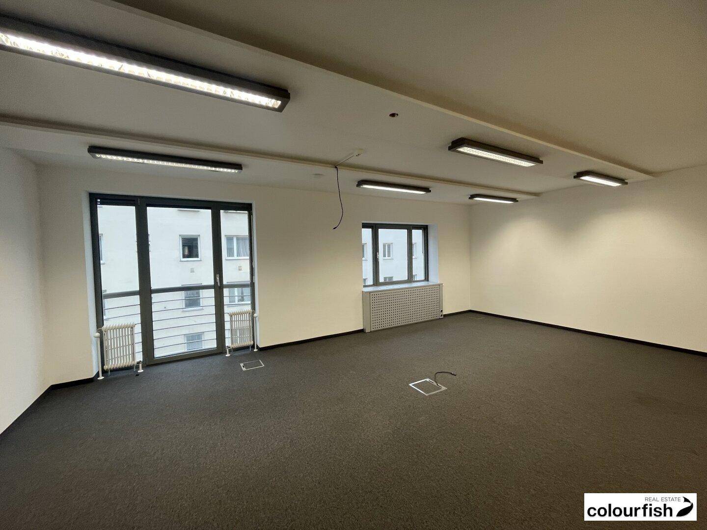Heller Büroraum mit Teppichboden, großen Fenstern und einer Balkontür, die Tageslicht hereinlässt.