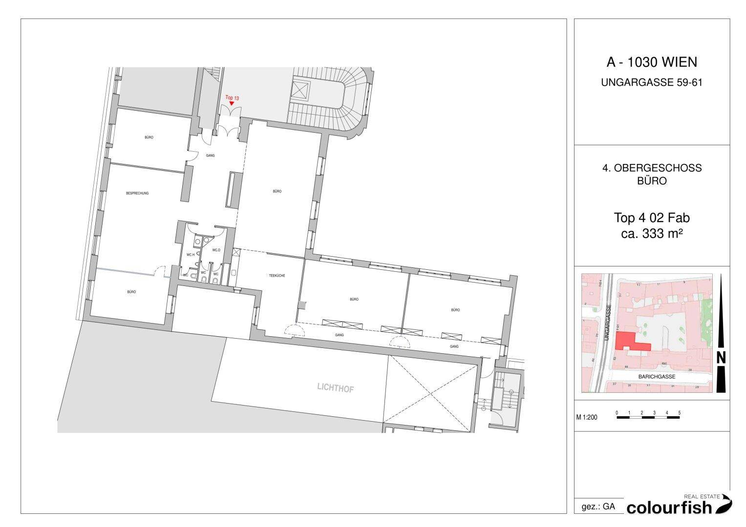 Grundriss des 4. Obergeschosses mit mehreren Büroräumen und einer Gesamtfläche von ca. 333 m².