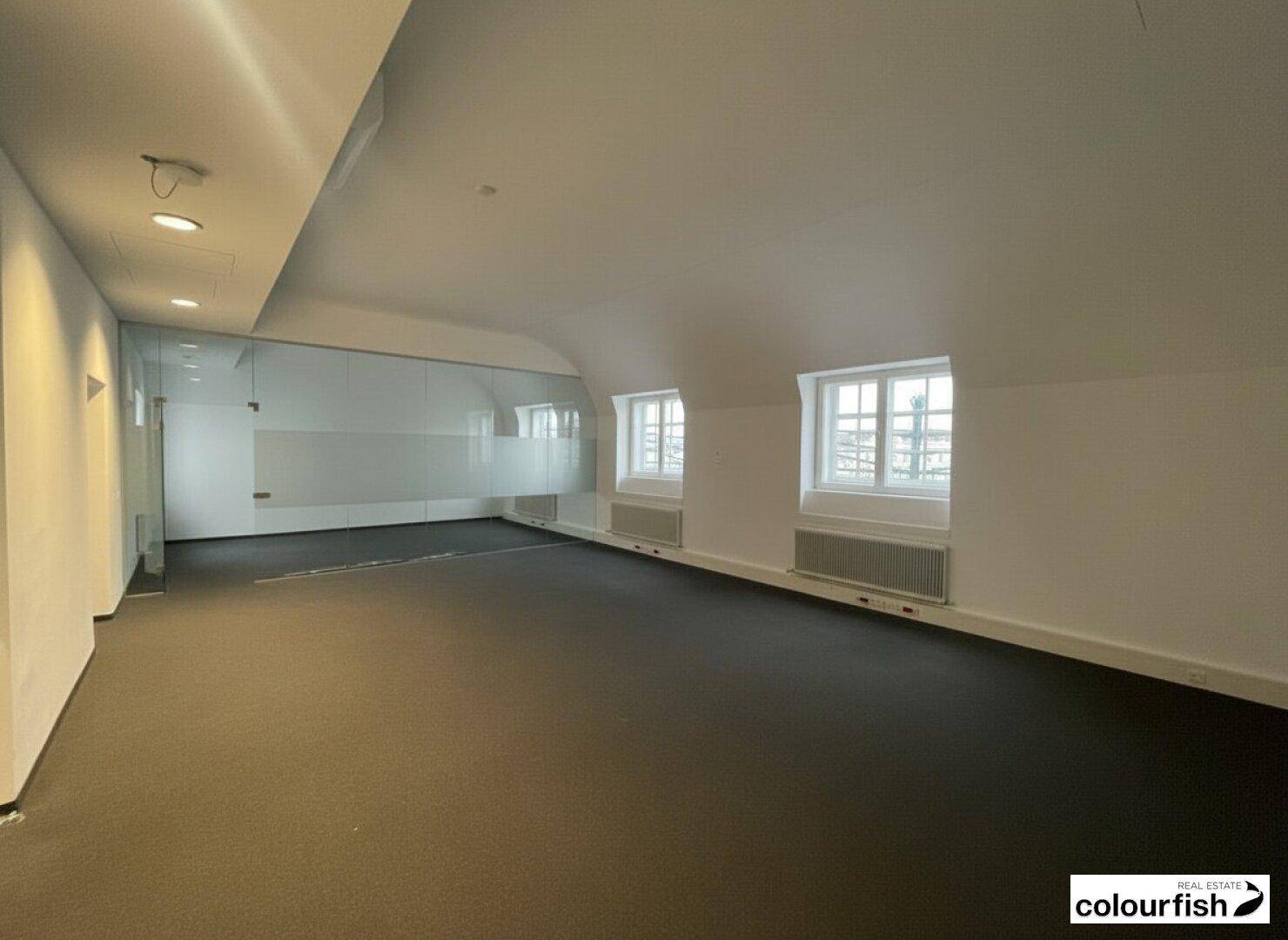Büroraum im Dachgeschoss mit schräger Decke, Teppichboden und einer modernen Glaswand.