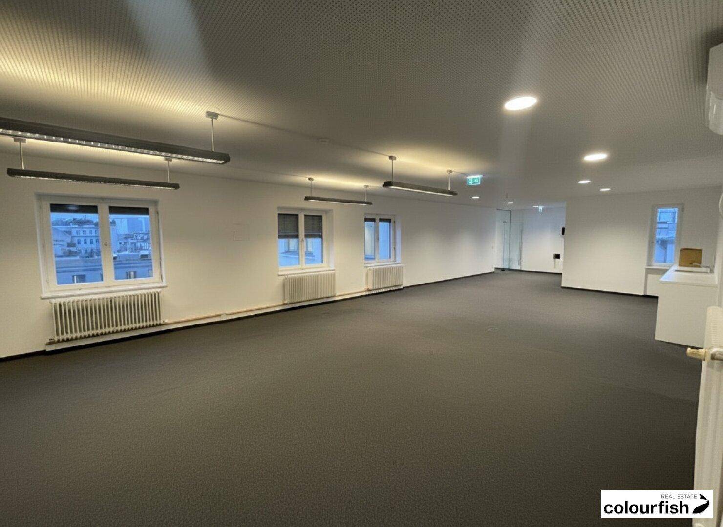 Heller Büroraum mit dunklem Teppichboden, mehreren Fenstern und integrierter Deckenbeleuchtung.