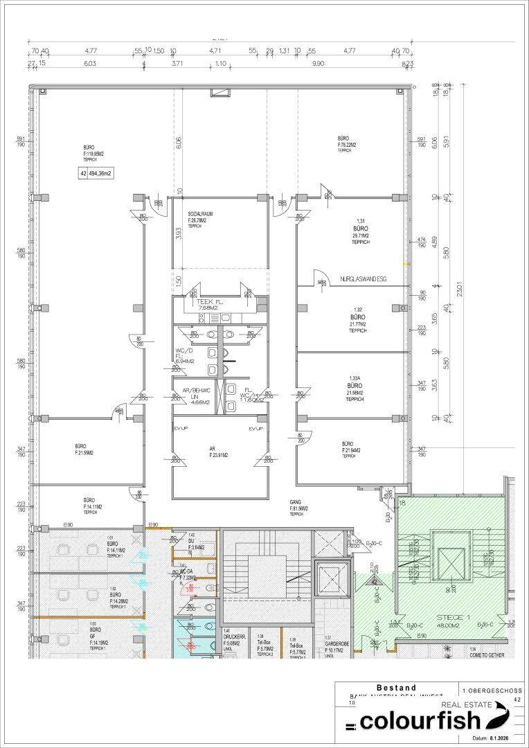 Grundriss des ersten Obergeschosses mit mehreren Büroeinheiten, Terrassen und Sanitärbereichen.