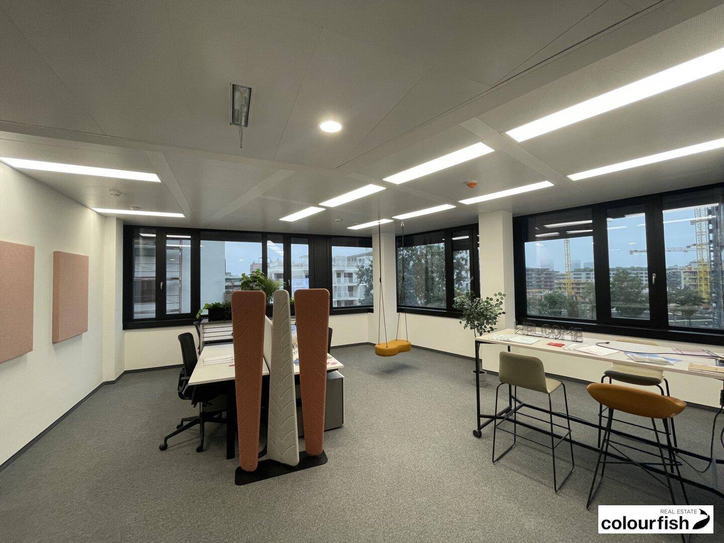 Helles Großraumbüro mit Teppichboden, großen Fenstern und modernen Trennwänden für flexible Arbeitsbereiche.