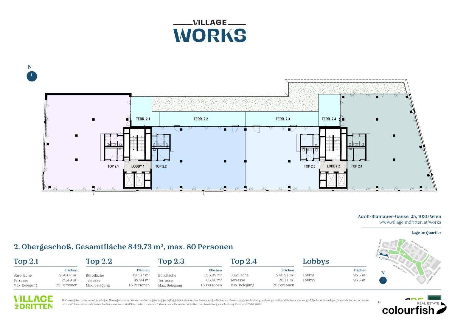 Grundriss des zweiten Obergeschosses mit Büroflächen und Terrassen, ideal für Pausen im Freien.