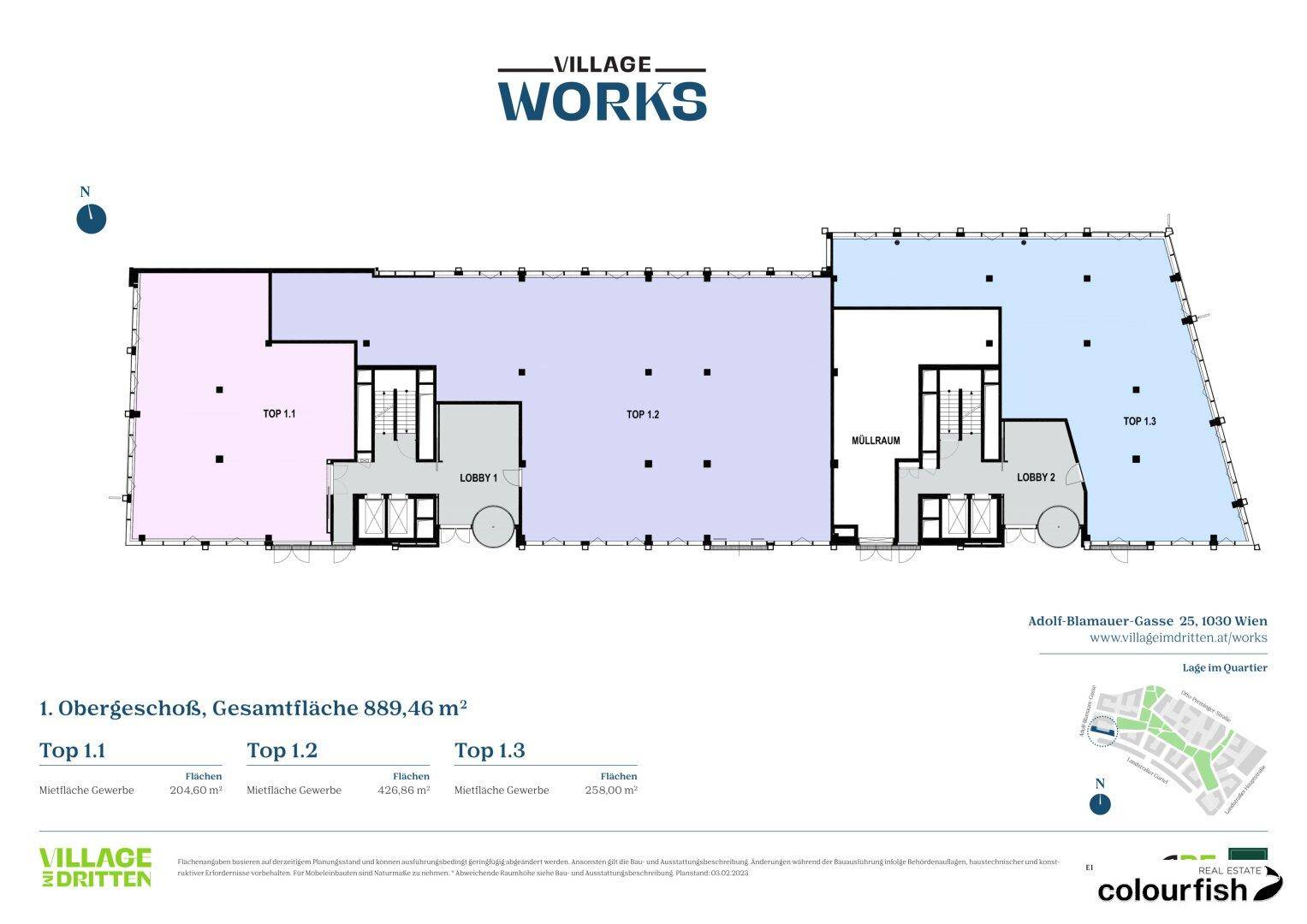 Grundriss des ersten Obergeschosses mit flexiblen Büroflächen und Lobbys.