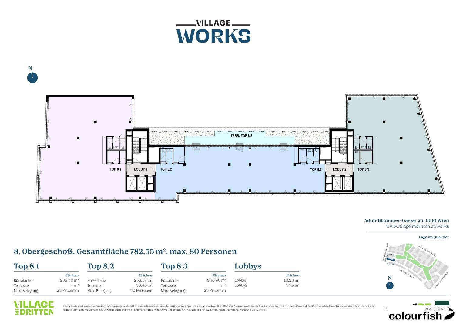 Grundriss des achten Obergeschosses mit Büroflächen und Terrassen, ideal für entspannte Pausen.