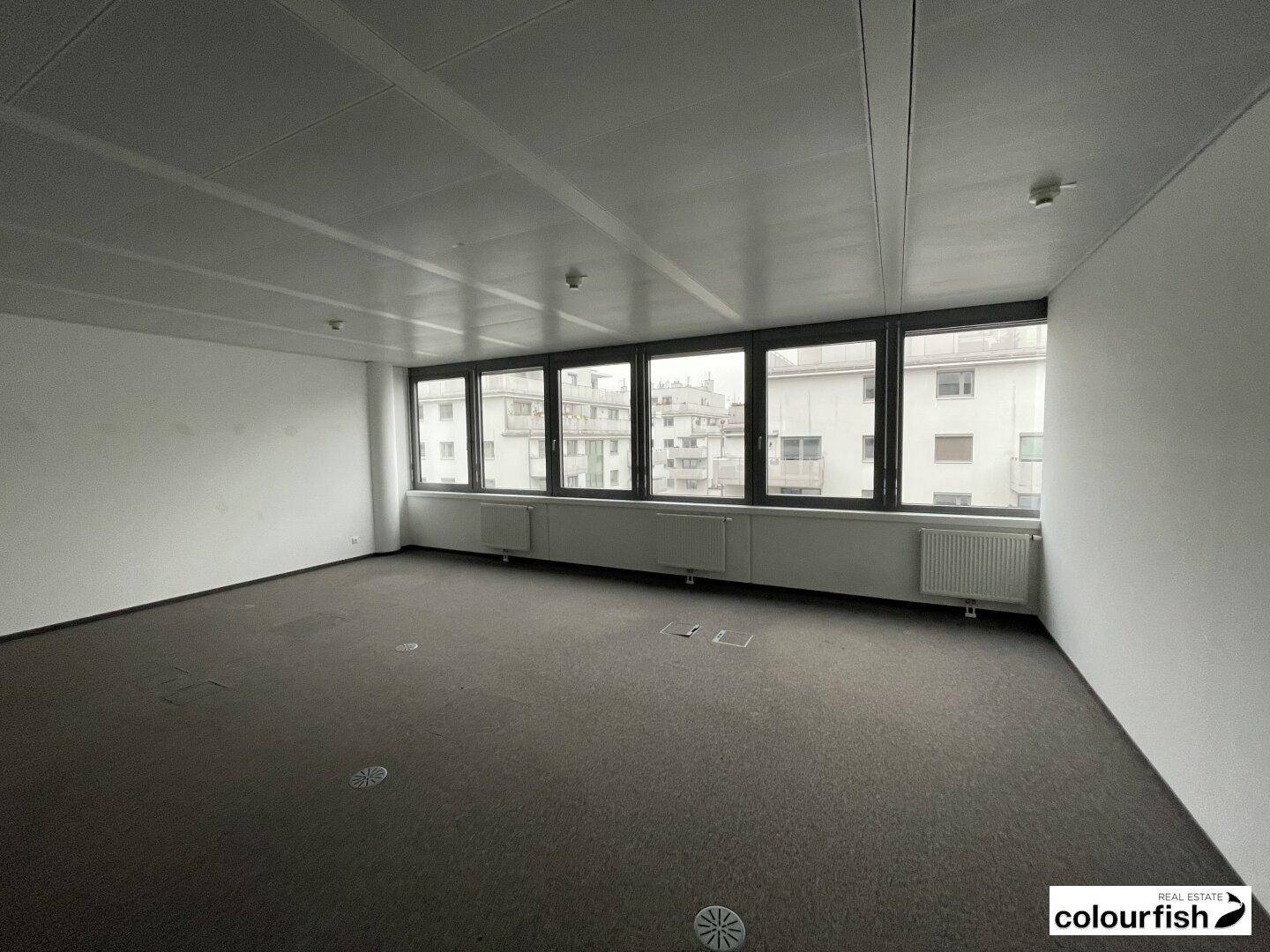 Geräumiger, leerer Büroraum mit Teppichboden und einer Reihe großer Fenster mit Blick auf umliegende Gebäude.