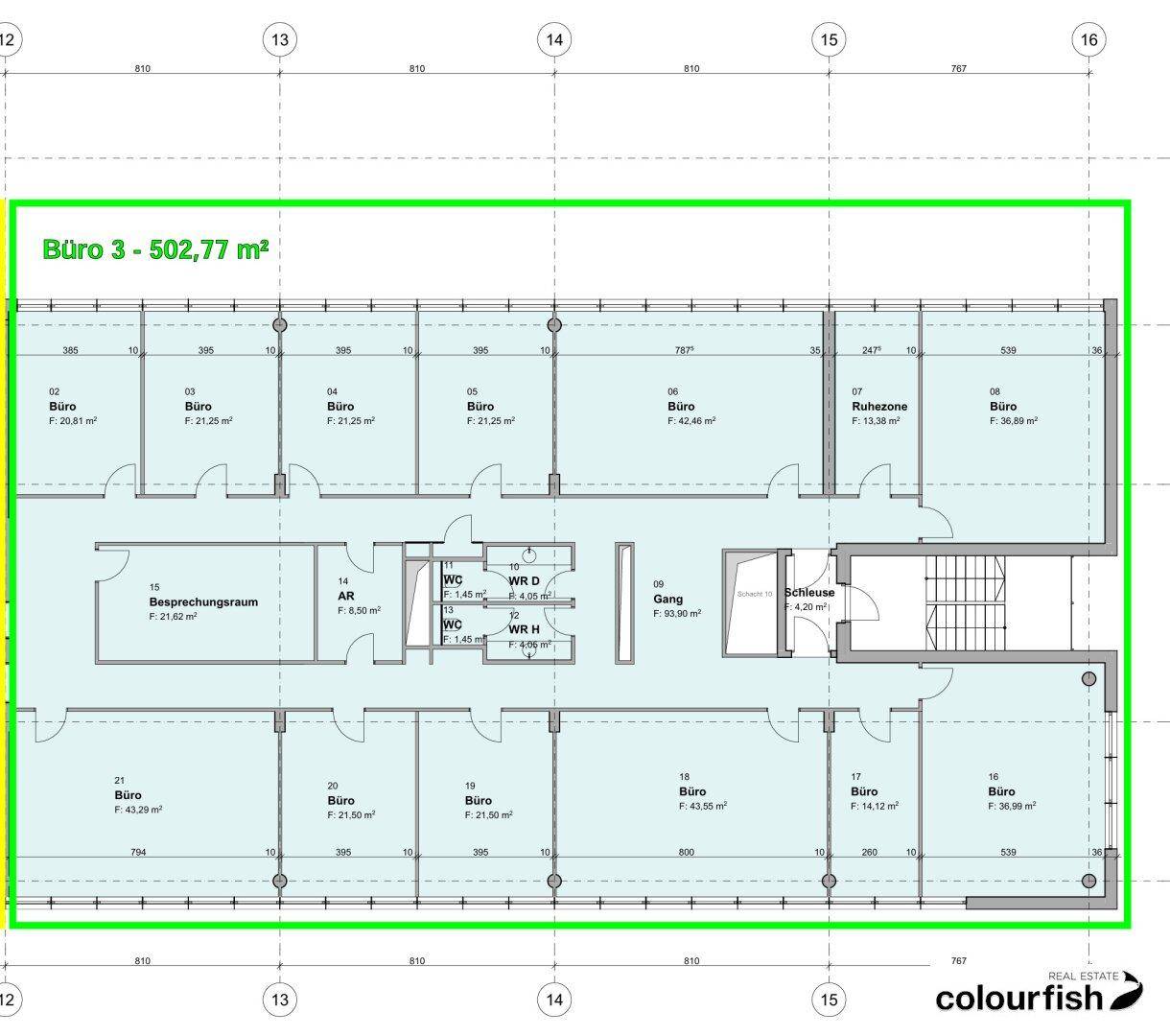 Detaillierter Grundriss einer Büroetage mit mehreren Büros, Besprechungsraum und Sanitäranlagen.