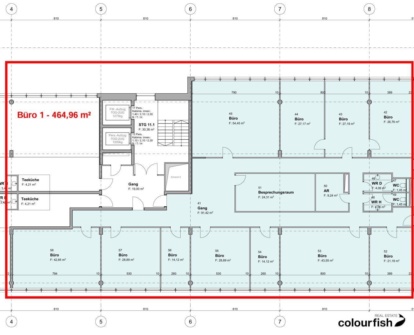 Übersichtlicher Büro-Grundriss mit flexibler Raumaufteilung, Teeküchen, Aufzügen und Sanitärbereichen.