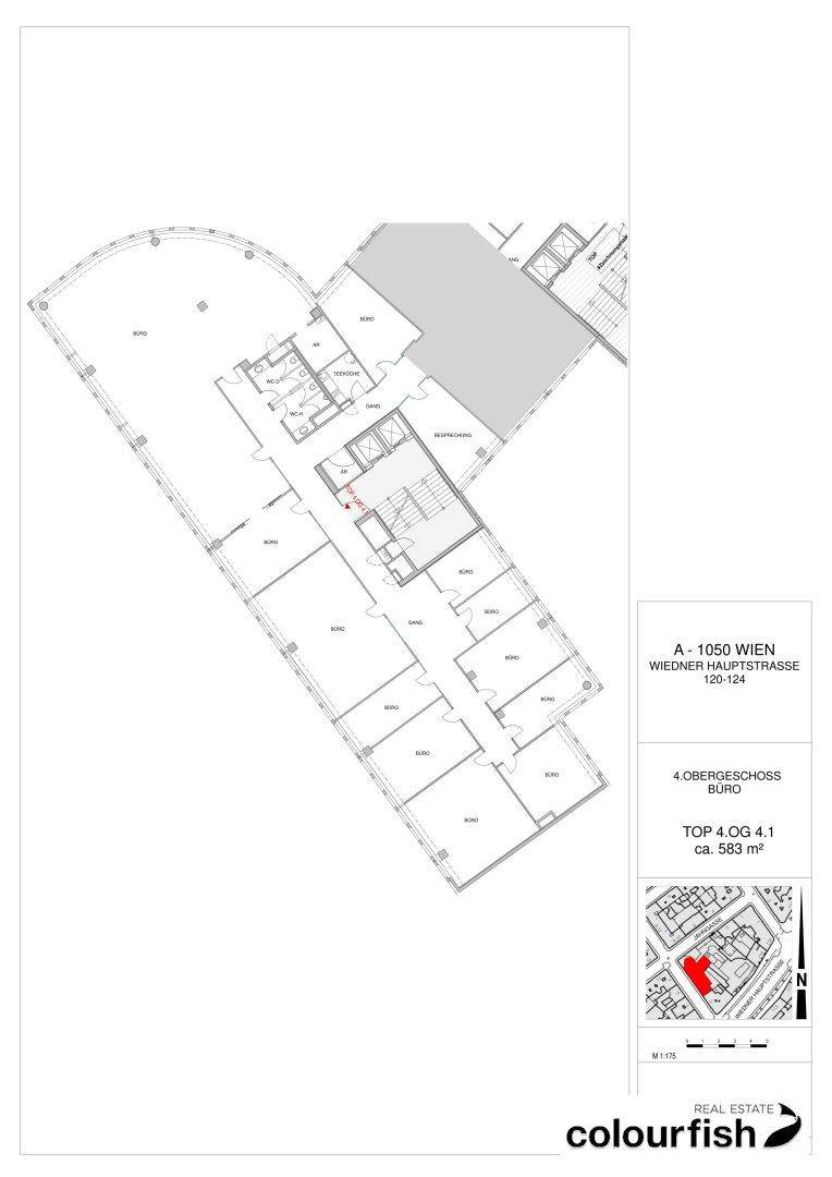 Grundriss des 4. Obergeschosses mit ca. 583 m² Bürofläche und klarer Raumaufteilung.
