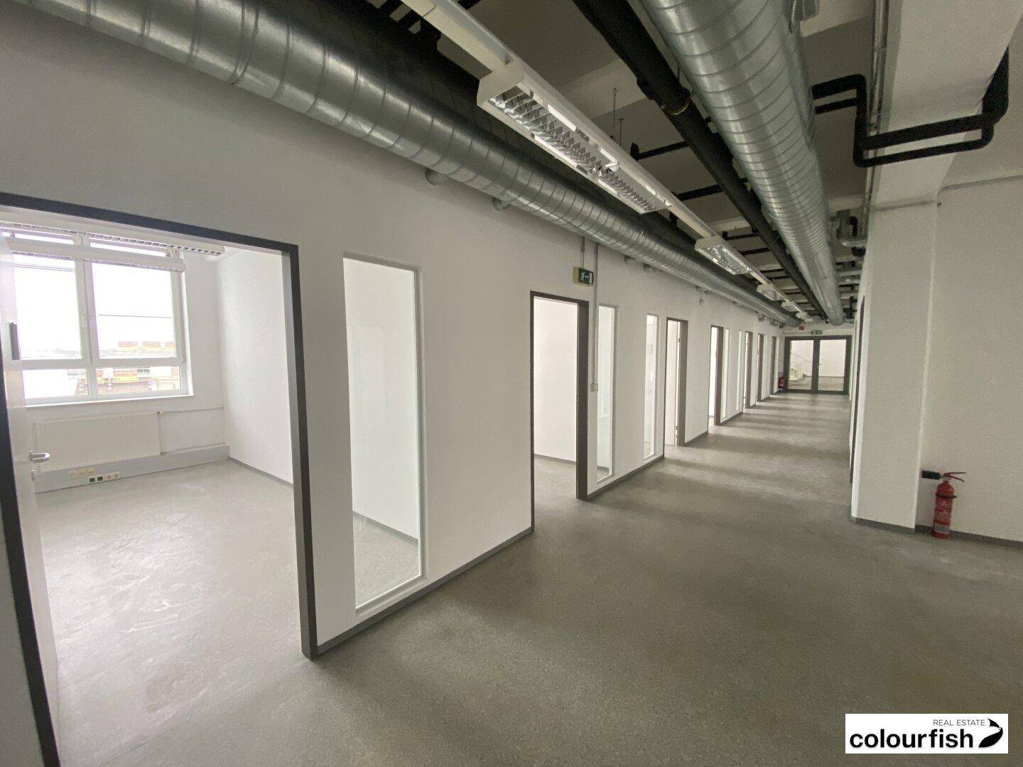 Langer Bürogang mit vielen einzelnen Büroräumen, ausgestattet mit großen Fenstern und sichtbaren Lüftungsrohren an der Decke.