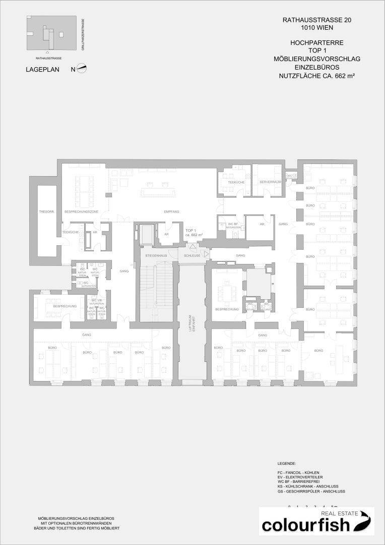 Detaillierter Grundriss des Hochparterres mit Möblierungsvorschlag und Nutzfläche von 662 m².